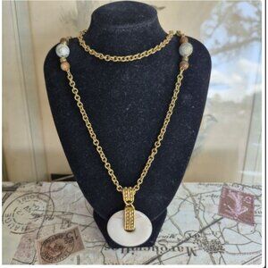 Vintage Necklace Napier Gold-Tone Faux Pearl Pendant & Beaded Chain Art Deco
